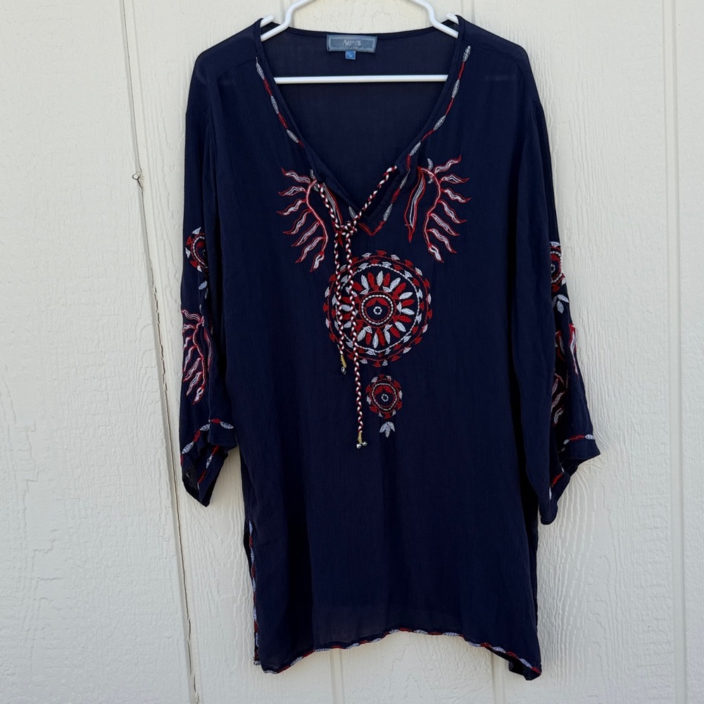 Highness Embroidered Navy Boho Tunic Blouse Womens Sz 3X 3/4 Sleeve Tie Neckline